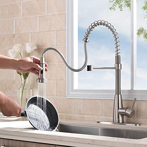 VESLA HOME Commercial Single Handle Pull Down Out Sprayer Spring Stainless Steel Kitchen Faucet, Brushed Nickel Kitchen Sink Faucet - Thumbnail 3