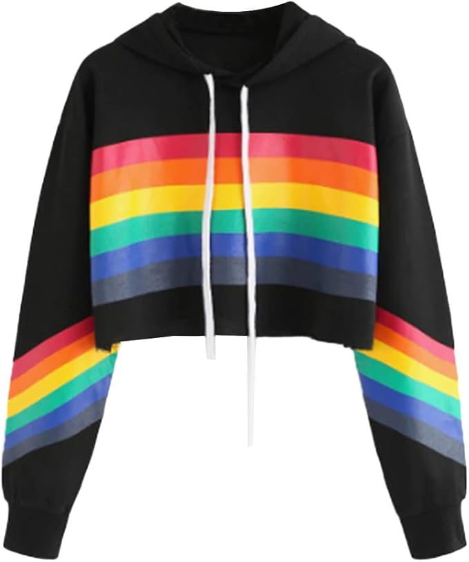 Women's Rainbow Hoodie Crop Top Hooded Long Sleeve Pullover Jumper