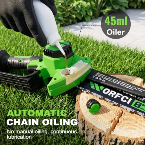 WORFCI 8-Inch Mini Chainsaw with 2Pcs Batteries&Charger, Brushless Cordless Chainsaws with Auto-Oiler, Electric Chain Saw Perfect Gardening Tools for Wood/Trees Pruning, Gifts for Men Women