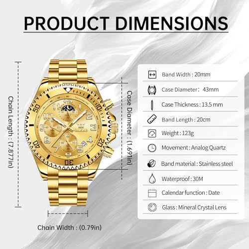 OLEVS Watches Men Waterproof Luxury Big Face Mens Watch Stainless Steel Day Date Quartz Analog Dress Watches for Men Luminous Relojes De Hombre (Green/Blue/Black/Gold)