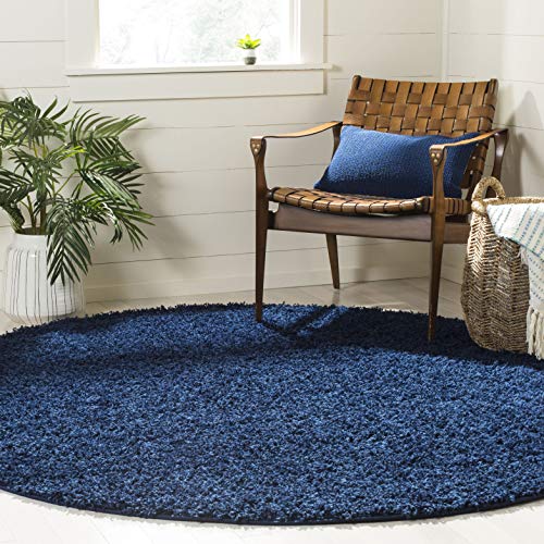 SAFAVIEH Athens Shag Collection Area Rug - 6'7" Round, Navy, Non-Shedding & Eas…