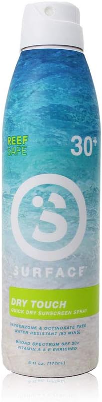 Surface Dry Touch Spray Sunscreen - Reef Safe, Ultra-Light & Clean Feeling, Broad Spectrum UVA/UVB Protection, Paraben Free, Hypoallergenic, Water Resistant, Fragrance Free - SPF 30, 6oz