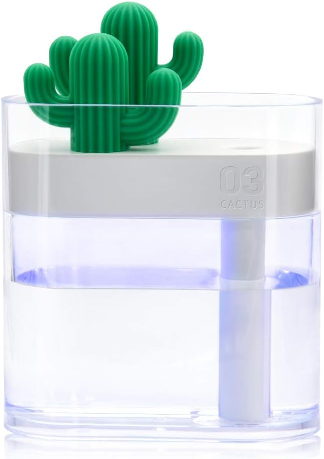 Alicacho USB Mini Cool Mist Humidifier with Night Light, Cactus Humidifier 160ml Water Tank for Single Room Office Car with Timed auto Shutdown (Transparent Cactus)