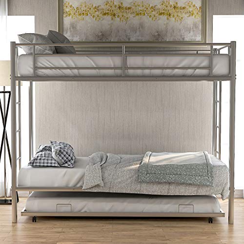 Twin Over Twin Metal Bunk Bed with Trundle, Rockjame Space Saving Design Sleeping Bedroom Bed Frame with 2 Ladders and Safety Rail for Boys, Girls, Kids, Young Teens and Adults (Sliver)