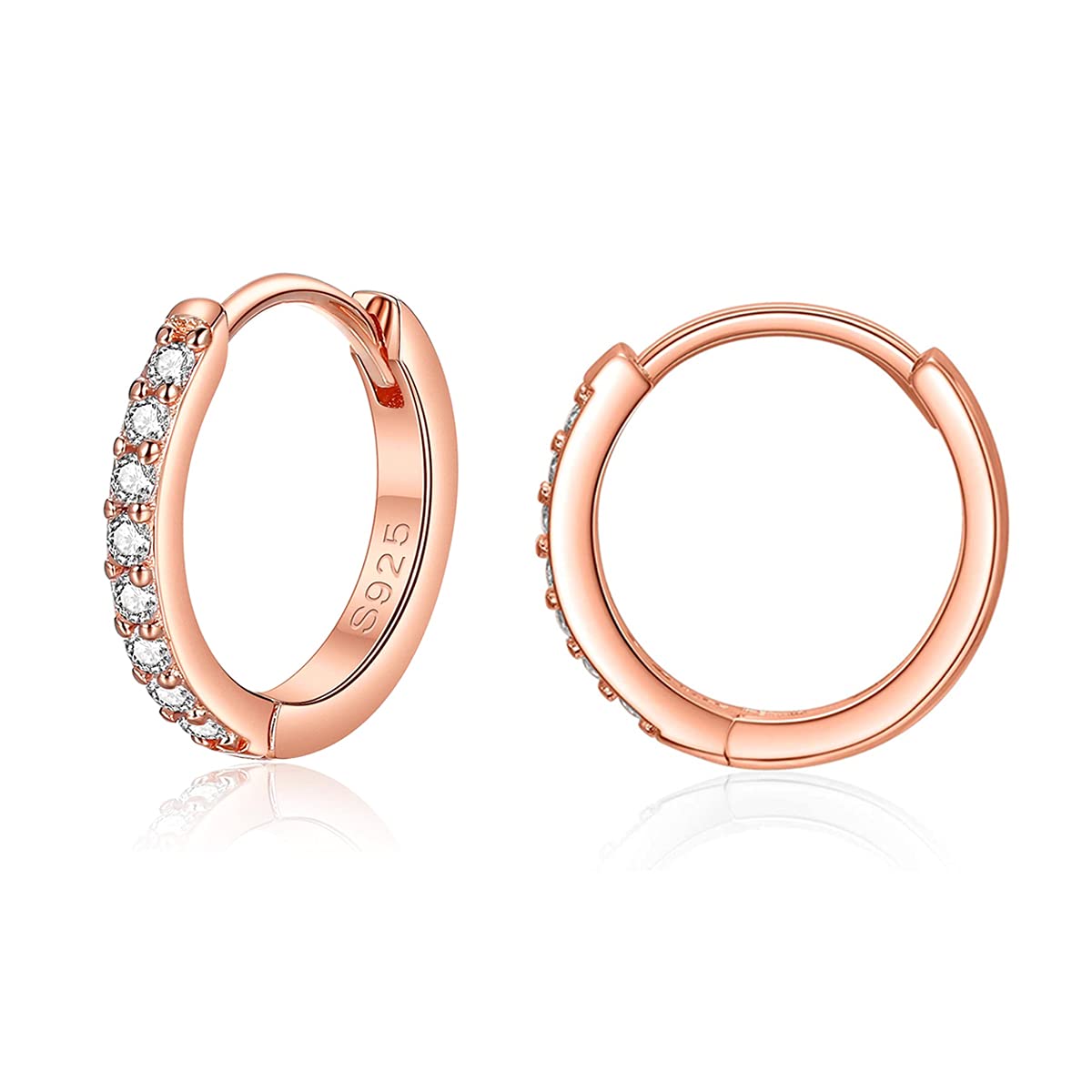 Deyanse Silver Hoops Earrings for Women, 925 Sterling Silver Rose Gold Hoop Earrings with Cubic Zirconia, Sterling Small Sleeper Huggie Hinged Hoop Earring, 14mm Silver Unisex Hoops Earring