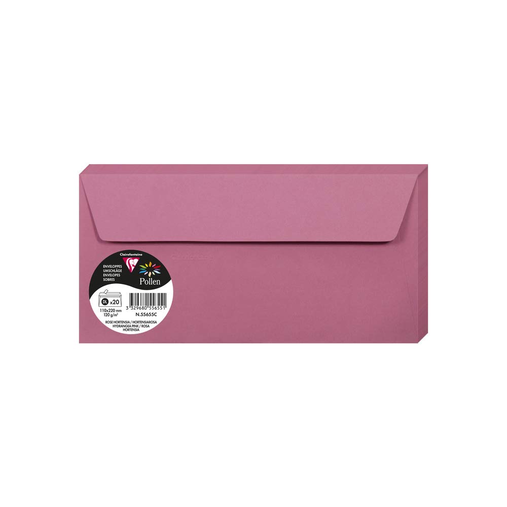 Clairefontaine 55655C Pack of 20 Self-Adhesive Envelopes DL (11x22cm) - 120gsm Colour Hydrangea Pink Invitation Event Correspondence Pollen Range Premium Paper