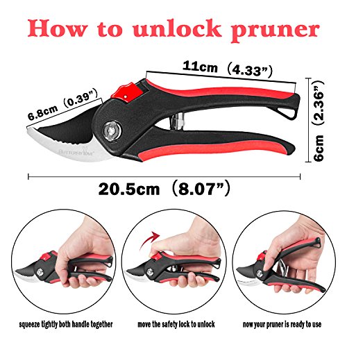 Butterfly Love Garden Pruning Shears, 8" Professional Bypass Hand Pruners with SK-5 Sharp Steel Blade and Safety Lock, Heavy Duty Tree Trimmers Secateurs, Clippers for the Garden