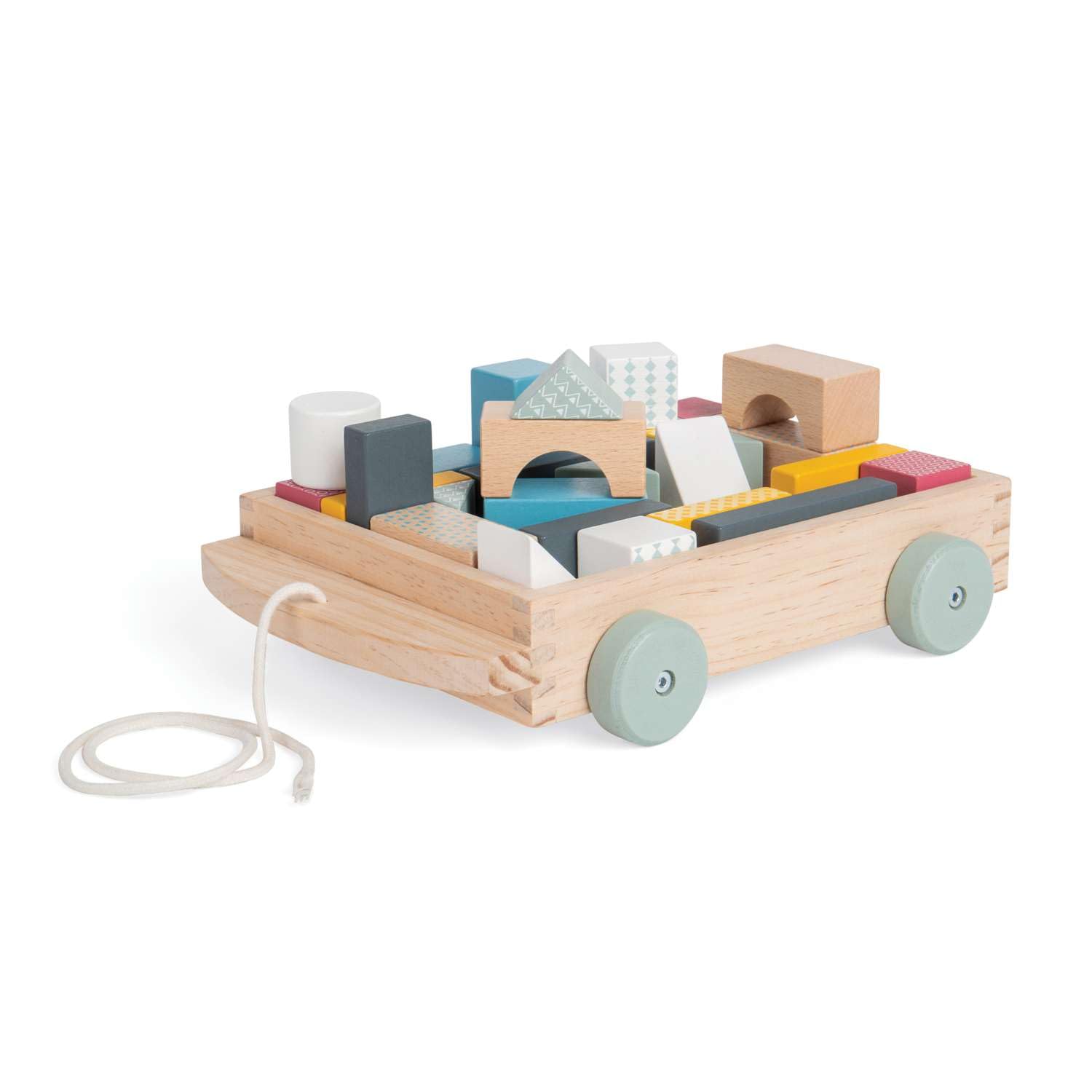 Bigjigs Toys FSC® Certified Wooden Pull Along Cart with 30 Baby Blocks - Educational Shape Game & Pull Along Toy for 18 Months +, Toddler, Beige, Brown