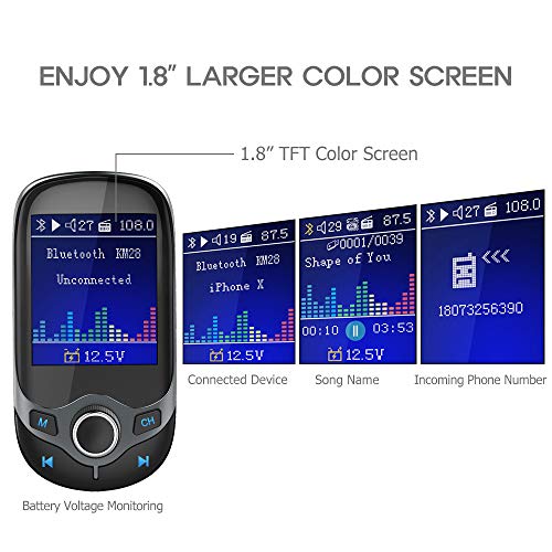 Nulaxy Bluetooth FM Transmitter 1.8" Color Screen Wireless Receiver Car Kit W QC3.0 Quick Charge, Car Battery Voltage Reading, Handsfree Calling, Support USB Drive, TF Card, AUX, EQ Mode - KM28 Grey