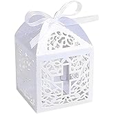 KAZIPA 50PCS Baptism Favor Boxes, 2.2''x2.2''x2.2''Laser Cut Favor Boxes with 50 Ribbons for Baby Shower Favors Baptism Decorations First Communion Party (White)