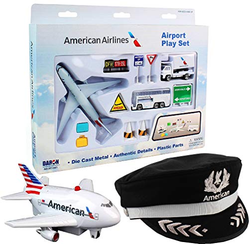 Daron American Airlines Deluxe Gift Set with Airport Playset, Pilot's Hat & Pullback Plane - 3 Pack