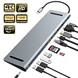 Updated Version USB C Hub, YEMO 12 in 1 Type C Hub Dongle to Ethernet, 4K HDMI & Mini DP, VGA,4 USB3.0/75W PD/SD&TF Card Reader/Mic&Audio for Mac Book&Type C Laptops