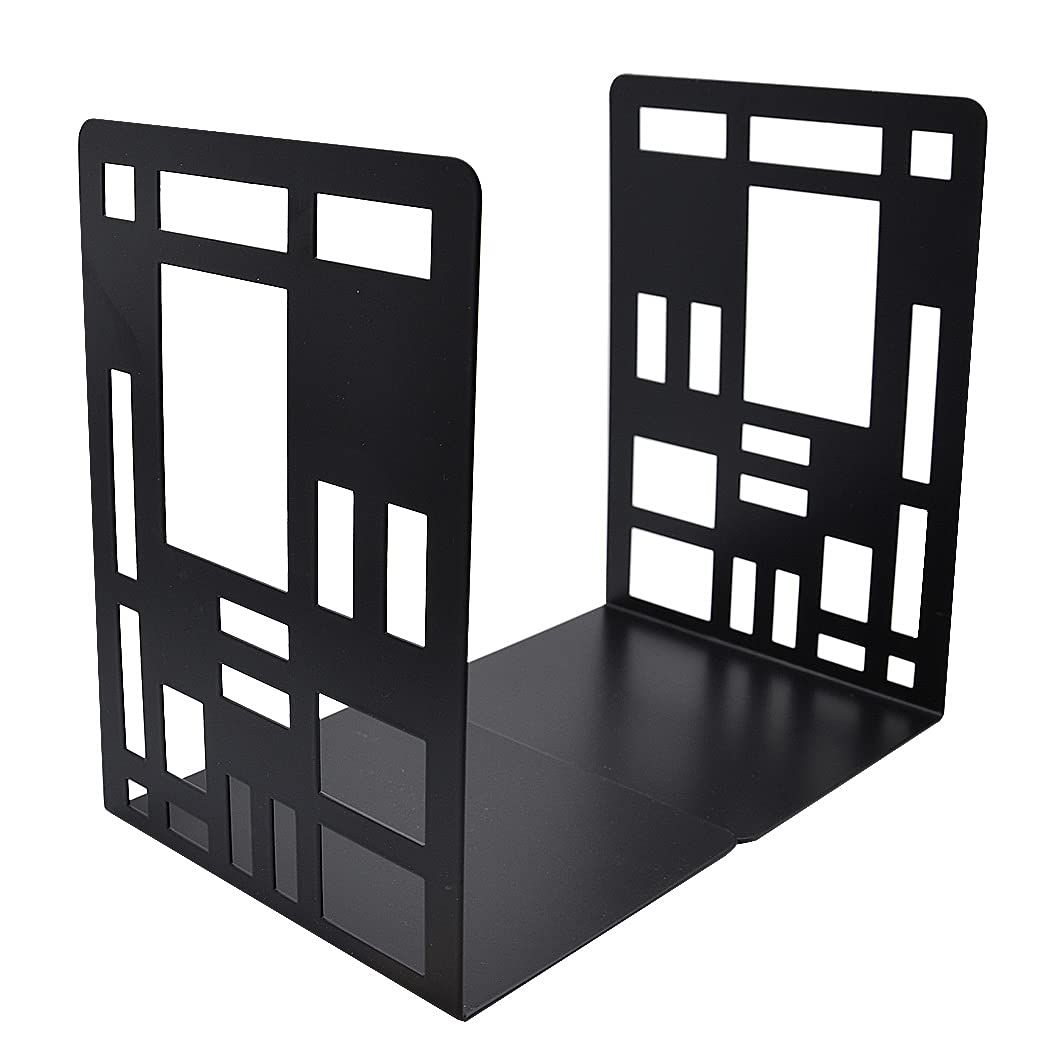 SIPLIV Minimalist Style Bookends Metal Adjustable Non Skid Books Holder Stand Book Rack Desk Bookends for School, Library, Home or Office - Checkered B (Black, 1 Pair)