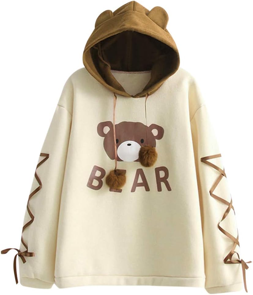 Jiayit Women's Girl's Hoodies Cute Bear Hooded Sweatshirt Long Sleeve Blouse Tops