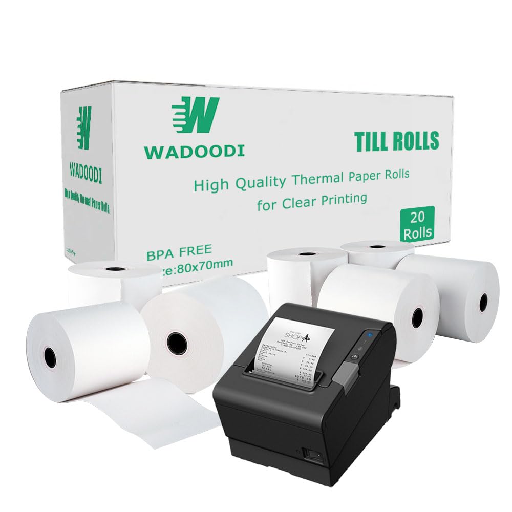 80 x 70mm x 12.7mm Thermal Paper Till Receipt Rolls for EPOS Printer, POS Terminal, Cash Register (20)