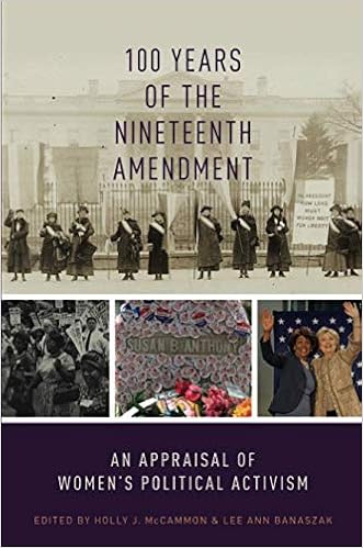 100 Years of the Nineteenth Amendment: An Appraisal of Women's Political Activism. The cover has a few images of women, including two images of protests, Susan B. Anthony's grave covered in I Vote stickers, and an image of two women waving. 