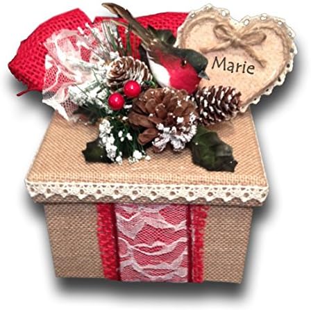 Christmas Chickadee Keepsake Box, Burlap, Handmade, Personalized, medium