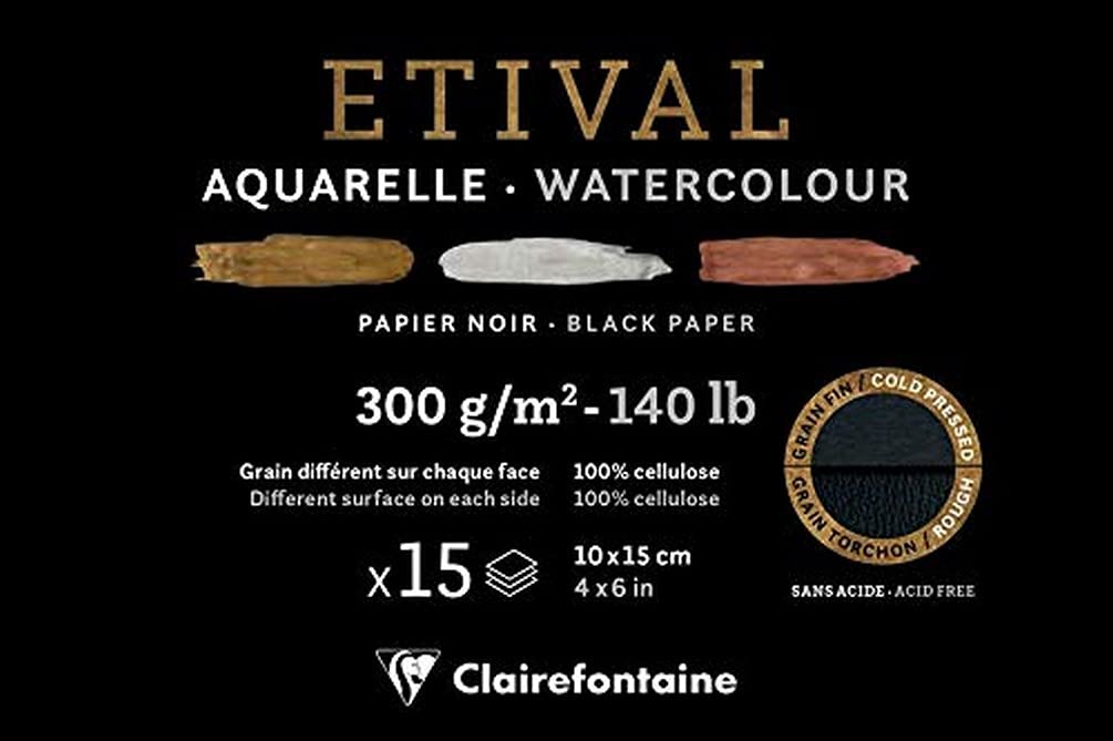 Clairefontaine - Ref 975448C - Etival Black Drawing Paper Pad (15 Sheets) - 10 x 15cm Size, Acid Free, pH Neutral, 300gsm Paper - Suitable for Pencil, Pastel, Gouache, Acrylic