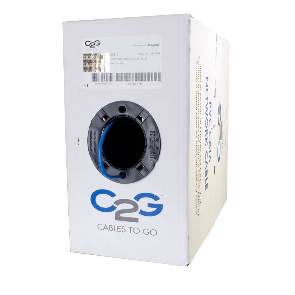 C2G 56017 Cat6 Bulk Cable - Unshielded Ethernet Network Cable with Solid Conductors - Riser CMR-Rated, TAA Compliant, Blue (100 Feet, 304.8 Meters) (Made in The USA)