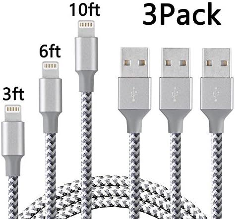 ONLINER iPhone Charger,3Pack 3FT/6FT/10FT Extra Long High Speed Nylon Braided iPhone Cable Lightning Cord for iPhone 7/7 Plus/6/6 Plus/6S/6S Plus,SE/5S/5,iPad,iPod Nano 7 (Gray White)