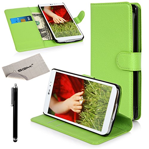LG G3 Cover, SGM Premium PU Leather Wallet Stand Case Cover For LG G3 (2014) With SGM Cleaning Cloth + Black Stylus (Green)