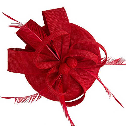 Acecharming Fascinators for Women, Feather Sinamay Fascinators with Headbands Tea Party Pillbox Hat Flower Derby Hats(Red-03)