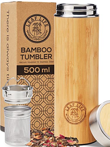 LeafLife Premium Bamboo Tea Infuser Stainer & Fruit Infuser Bottle - 500ml Capacity Tea Flask for Loose Leaf Tea & Coffee - Hot & Cold Brew Tea Bottle - Vacuum Insulated Stainless Steel Fruit Infuser