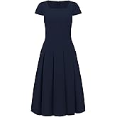 Hobemty Women's Cap Sleeve Flare Dress Square Neck Business Work A Line Pleated Dresses