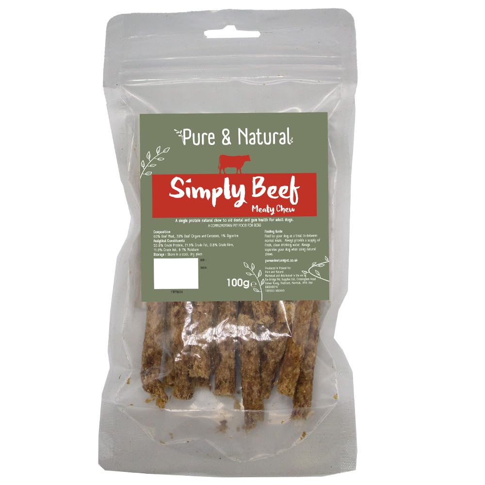 Pure & Natural Simply Beef Meaty Sticks - Natural Dog Chews & Grain Free Dog Treats for All Ages, High Protein, Low Fat, Senior & Puppy Chews - 100g Bag