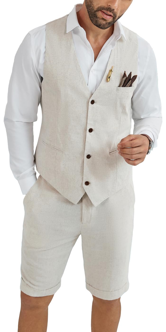 Photo 1 of HUEZOE Mens Linen Suit Slim Fit 2 Piece Short Suits for Men Casual Summer Beach Groom Wedding Suit Linen Beige Vest Shorts Set X-Large