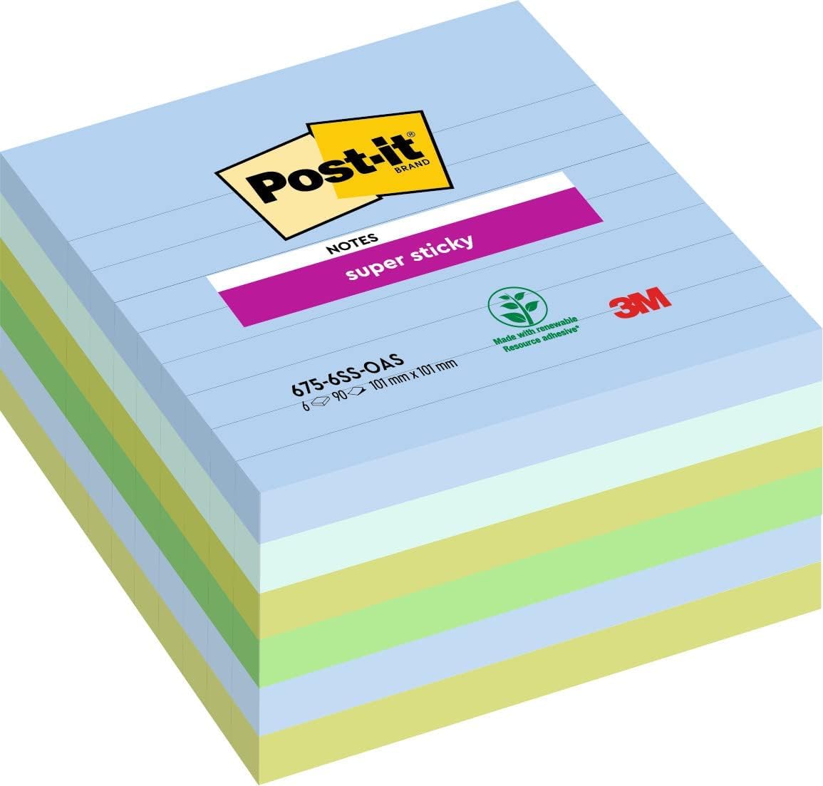 Post-it Super Sticky Large Notes, Lined, 540 Sheets, Pack of 6 Pads, 101 mm x 101 mm - Holds Strong to Many Surfaces - Blue, Green - for Walls, Monitors and Fridge, Recycable
