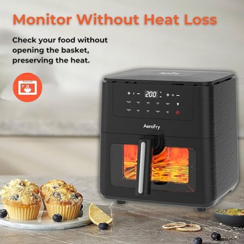 AEROFRY Digital Air Fryer 6L Panoramic glass, Oil Free Healthy Cooker with multiple Presets, Non-Stick Basket with 360° High speed air technology- Black | قلاية هوائية رقمية بدون زيت