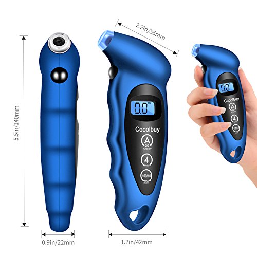 Cooolbuy Digital Tire Pressure Gauge 150 PSI 4 Settings with Backlight LCD and Non-Slip Grip-Button Cells,Tire Valve Caps,Carry Bag Included (Blue-1 Pack)