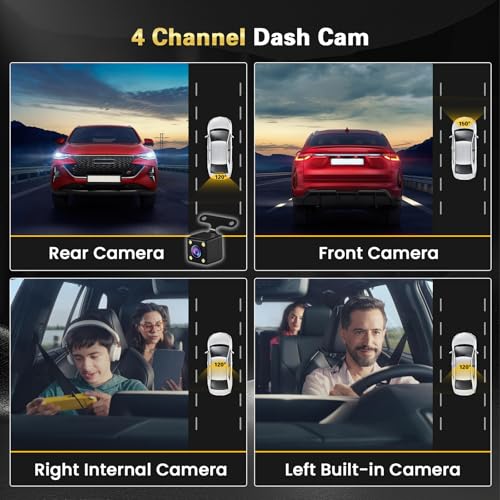 Inefala Full HD 1080P Dash Cam with Four Car Camera, 4 Channel 360°, 3 Inch Screen with 64GB Memory and 8 IR Night Vision, Travel Recorder with G-Sensor and Parking Monitor