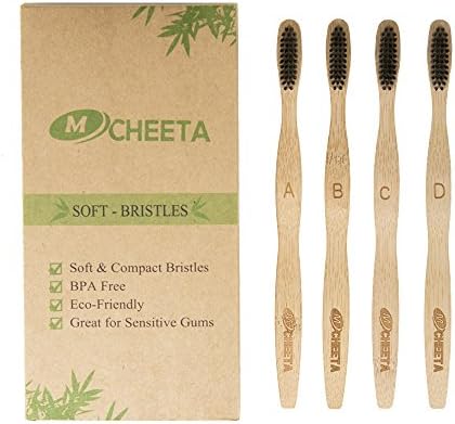 MCHEETA Bamboo Charcoal Toothbrush - Soft &amp; Compact Bristles - 100% Eco-Friendly &amp; Soft BPA Free Toothbrush For Adults - 4 Count for Sensitive Gums