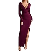 XinFSh Women's Deep V Neck Long Sleeve Bodycon Maxi Dress Sexy Backless Slit Tie Wedding Guest Cocktail Dresses