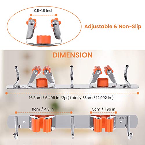 MOHOO Broom Holder Wall Mount Stainless Steel Wall Mounted Storage Organizer Heavy Duty Tools Hanger with 2 Rails 4 Racks 6 Hooks for Bathroom Kitchen Office Closet Garden