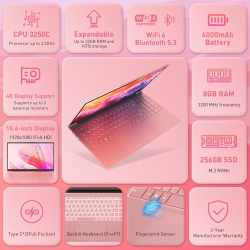 Auusda 15.6" FHD Laptop, R3 3250C up to 3.5GHz, Win 11 Compatible, WiFi 6, Backlit Keyboard + Fingerprint, Dual Full-Featured Type-C, 6000mAh, Portable Laptop for Work, 8GB RAM 256GB SSD Pink