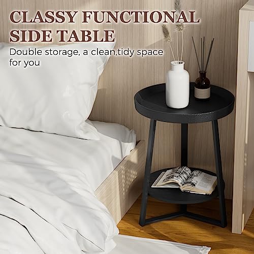 Gadroad Round End Table with Storage Shelf, 2 Tier Farmhouse Circle Side Table Nightstand Sofa Table for Living Room, Bedroom, Wood Tabletop & Black Metal Frame (15.7 * 15.7 * 23inches, Black)