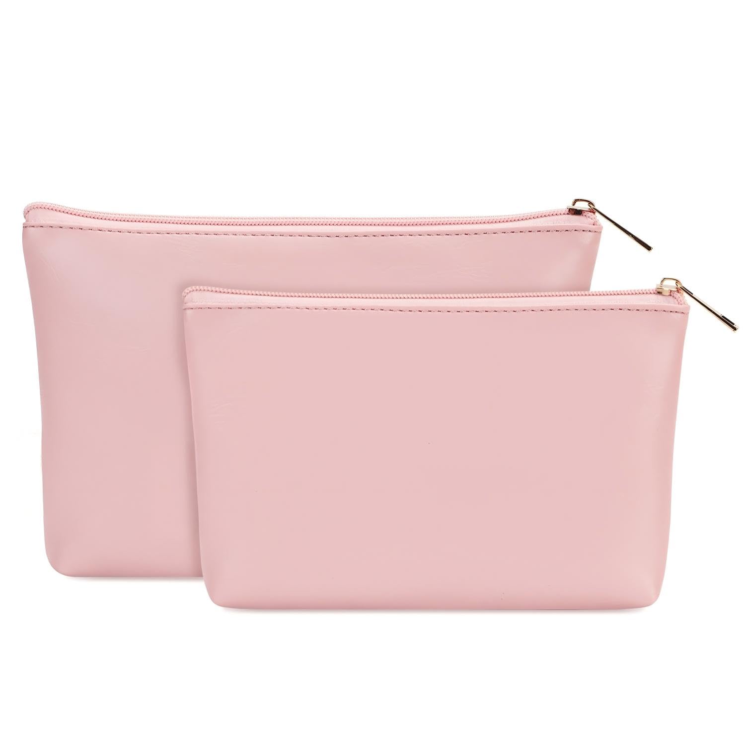 Small Makeup Pouch 2 Pack Vegan Leather Cosmetic Bag for Purse with Zipper, Portable Make Up Bags for Women, Pink (Patent Pending)