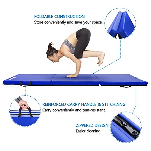 Matladin 6' Folding Tri-fold Gymnastics Gym Exercise Aerobics Mat, 6ft x 2ft x 2in PU Leather Tumbling Mats for Stretching Yoga Cheerleading Martial Arts (Blue) - Thumbnail 4