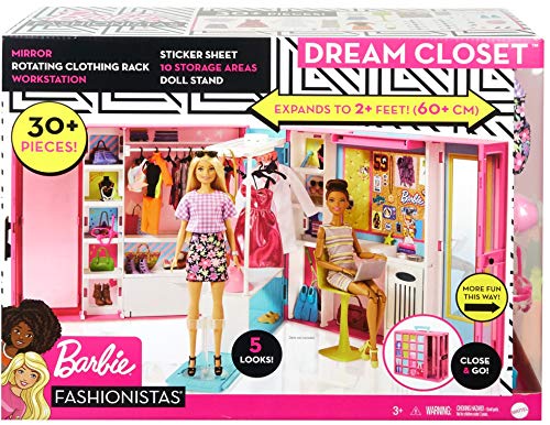 Barbie GPM43 - Traum Kleiderschrank mit 30+ Zubehörteilen, ca. 60 cm breit, 10+ Aufbewahrungsbereiche, mit Ganzkörperspiegel, kleiner Tisch & sich drehender Kleiderstange, inkl. 5 Outfits, ab 3 Jahren – Bild 6