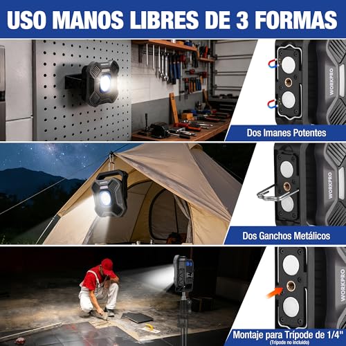 WORKPRO Rechargeable LED Spotlight with Magnets, 5 Modes, 180° Rotating Base, 2000LM Portable Work Light, with 4000mAh Battery for Camping, Garden, Fishing, Garage and Emergencies