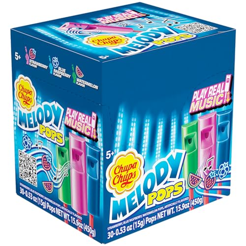 CHUPA CHUPS MELODY POP, ASSORTED FLAVORS, WHISTLE LOLLIPOPS, INDIVIDUALLY WRAPPED CANDY, 30 COUNT SHOWBOX CASE