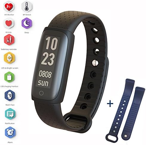 Fitness Tracker: Smart Band Bracelet Heart Rate Blood Pressure Sleep Monitor + Health Activity Watch Pedometers Notification Alerts Waterproof for IOS Android (Black + Blue Straps)