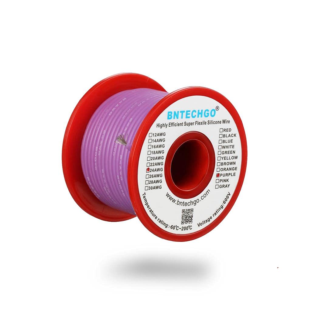BNTECHGO 24 Gauge Silicone Wire Spool Purple 50 ft Ultra Flexible High Temp 200 deg C 600V 24 AWG Silicone Rubber Wire 40 Strands of Tinned Copper Wire Stranded Wire for Model Low Impedance