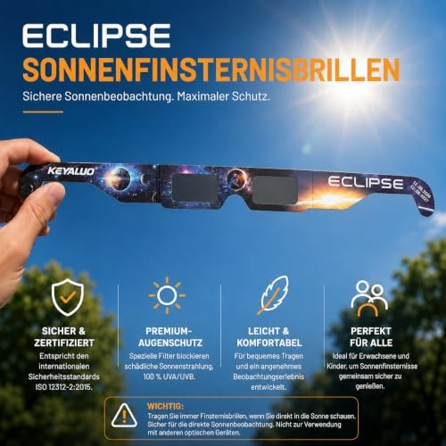 Sonnenfinsternis Brille,12 Pack,EN ISO 12312-2:2015(E) & CE-zertifiziert,AAS Zertifizierung 2026,Sonnenfinsternis Brillen zur direkten Sonnenbeobachtung