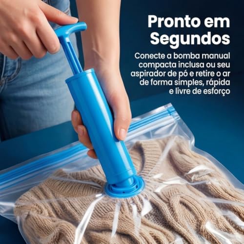 Kit 10 Sacos a Vácuo para Roupas 50x60cm com Bomba Manual — Saco Organizador a Vácuo Reutilizável e Impermeável para Viagem, Mala, Edredom e Armazenamento, Economiza até 80% de Espaço
