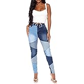 Atditama High Waist Patch Jeans Women Casual Color Block Skinny Slim Leg Denim Jogger Pants Blue US 20-22
