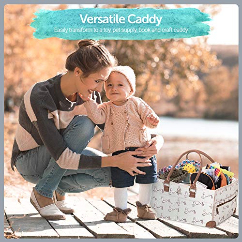 Baby Diaper Caddy Organizer - Shower Registry Gift Basket for Newborn Boy Girl, Large Nursery Storage Bins with Long Handle, Portable Felt Tote Bag for Baby Things, Car Travel, Changing Table (Green) - Thumbnail 6